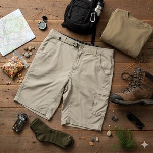 Prana Stretch Zion Shorts Mens 32 Tan Belted Hiking Outdoor Trail Cargo Pocket